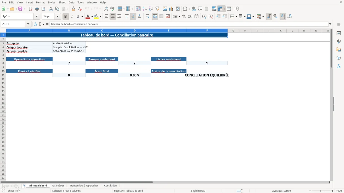 Capture 1 : feuille Tableau de bord — modèle Excel conciliation bancaire PME Québec