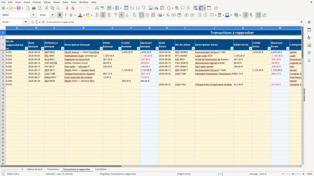 Aperçu de la feuille Transactions à rapprocher du modèle Conciliation bancaire PME Québec : Modèle Excel Gratuit 2026