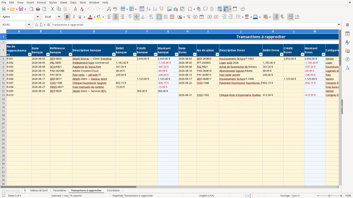 Capture 3 : feuille Transactions à rapprocher — modèle Excel conciliation bancaire PME Québec