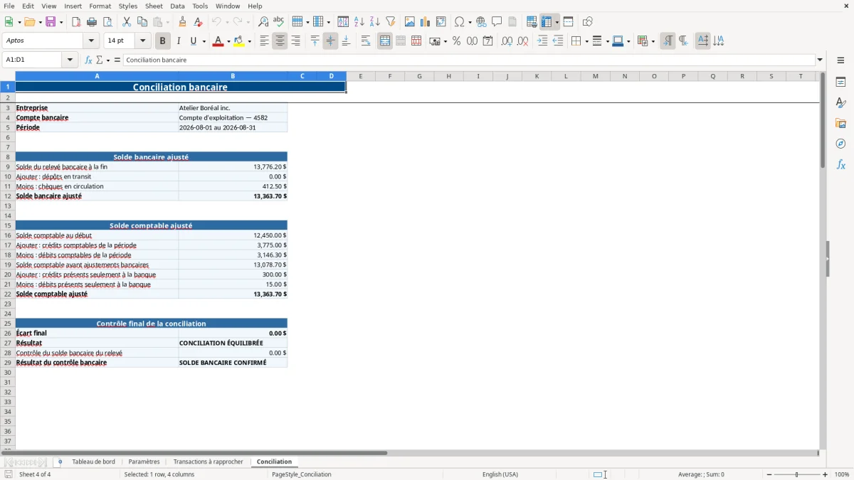 Capture 4 : feuille Conciliation — modèle Excel conciliation bancaire PME Québec