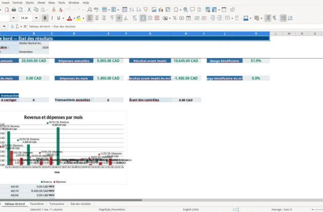 Capture 1 : feuille Tableau de bord — modèle Excel état des résultats mensuel PME