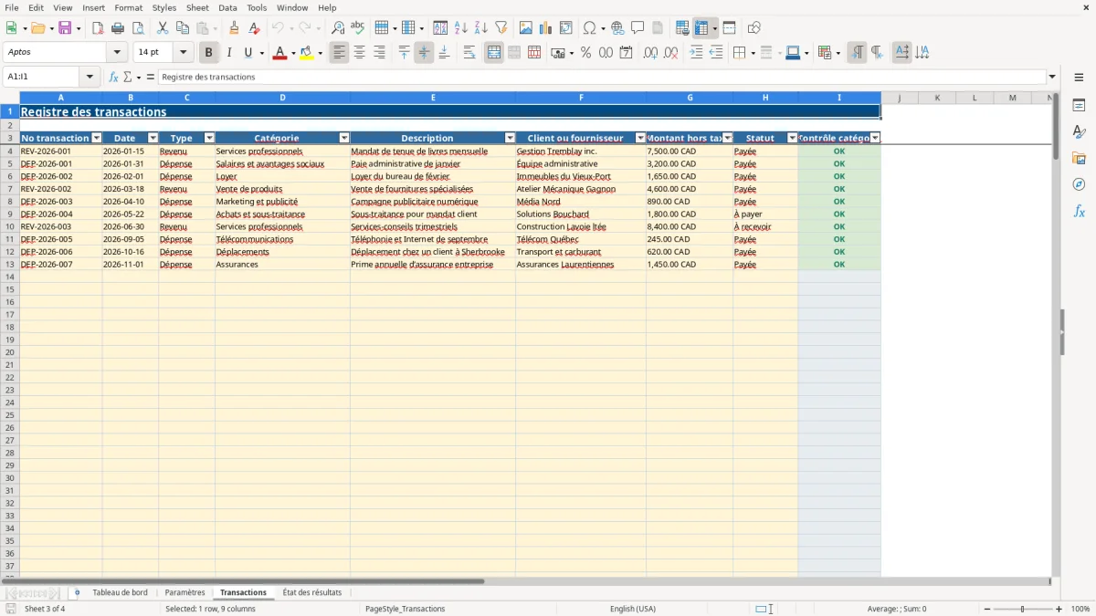 Capture 3 : feuille Transactions — modèle Excel état des résultats mensuel PME