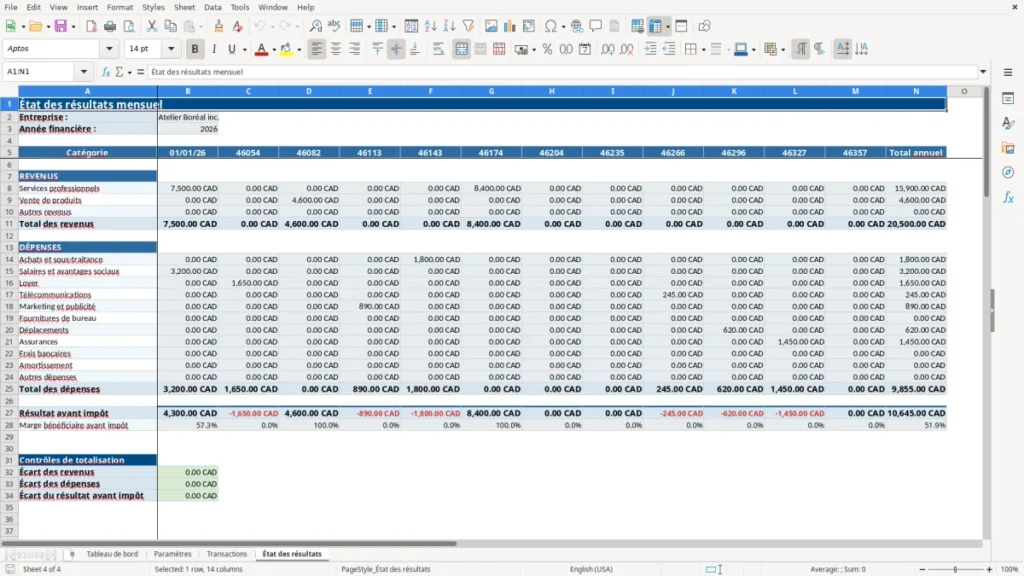 Aperçu de la feuille État des résultats du modèle État des résultats mensuel PME Québec : Modèle Excel Gratuit 2026