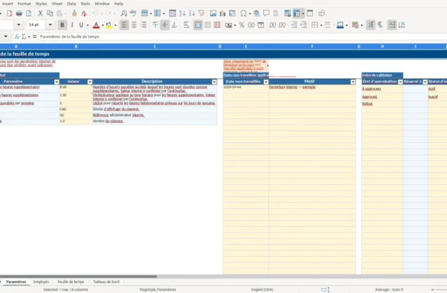 Capture 1 : feuille Paramètres — modèle Excel feuille de temps employés Québec
