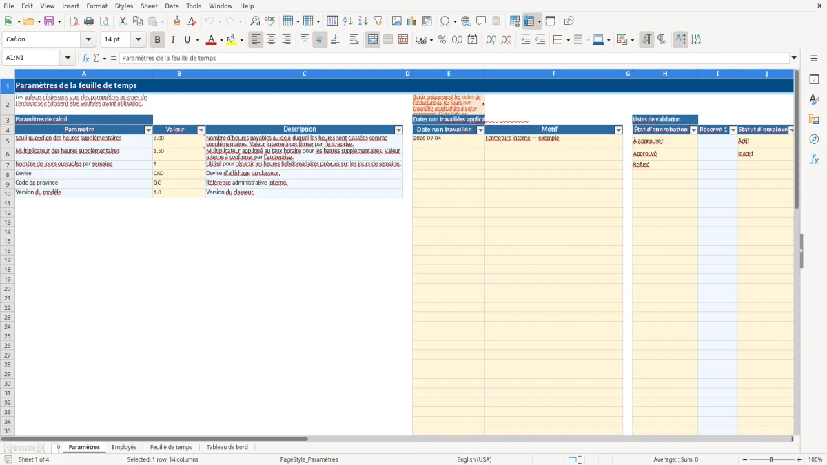 Capture 1 : feuille Paramètres — modèle Excel feuille de temps employés Québec