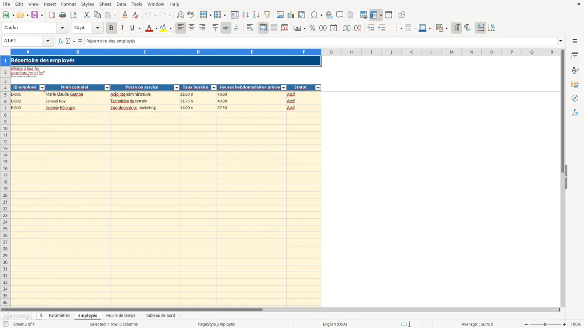 Capture 2 : feuille Employés — modèle Excel feuille de temps employés Québec