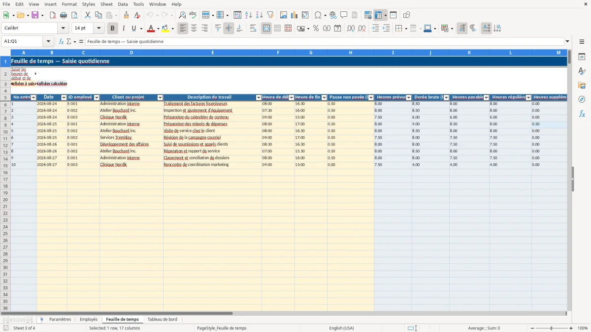 Capture 3 : feuille Feuille de temps — modèle Excel feuille de temps employés Québec