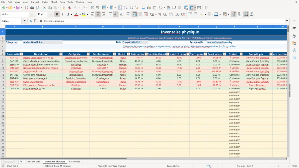 Capture 2 : feuille Inventaire physique — modèle Excel feuille inventaire physique