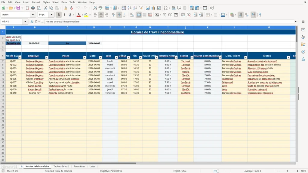 Aperçu de la feuille Horaire hebdomadaire du modèle Horaire de travail hebdomadaire Québec : Modèle Excel Gratuit 2026