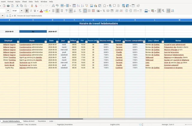 Capture 1 : feuille Horaire hebdomadaire — modèle Excel horaire de travail hebdomadaire Québec