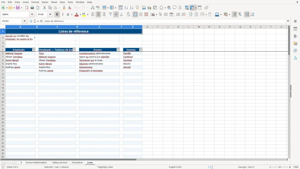 Aperçu de la feuille Listes du modèle Horaire de travail hebdomadaire Québec : Modèle Excel Gratuit 2026