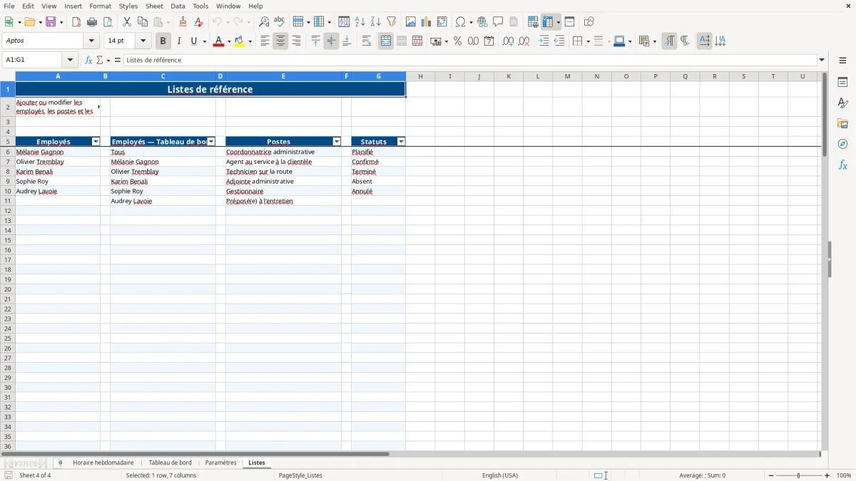 Capture 4 : feuille Listes — modèle Excel horaire de travail hebdomadaire Québec