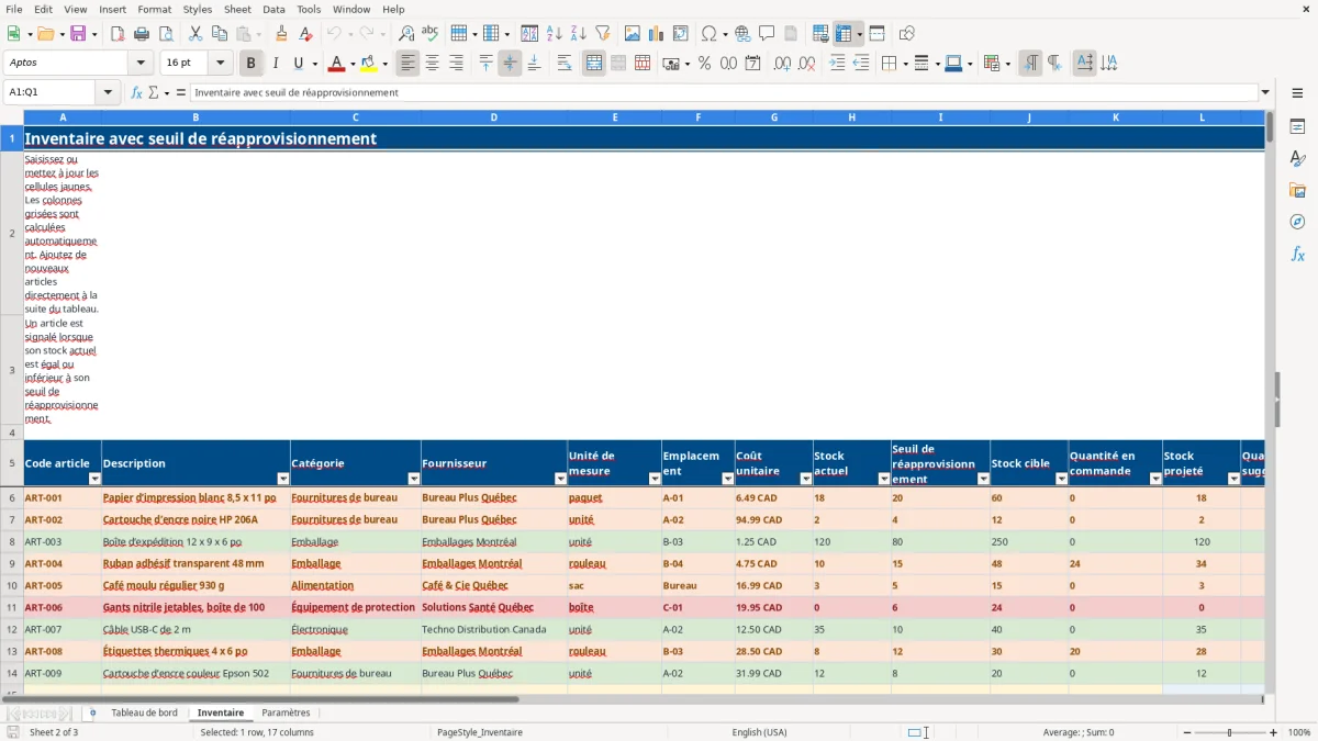 Capture 2 : feuille Inventaire — modèle Excel inventaire avec seuil de réapprovisionnement