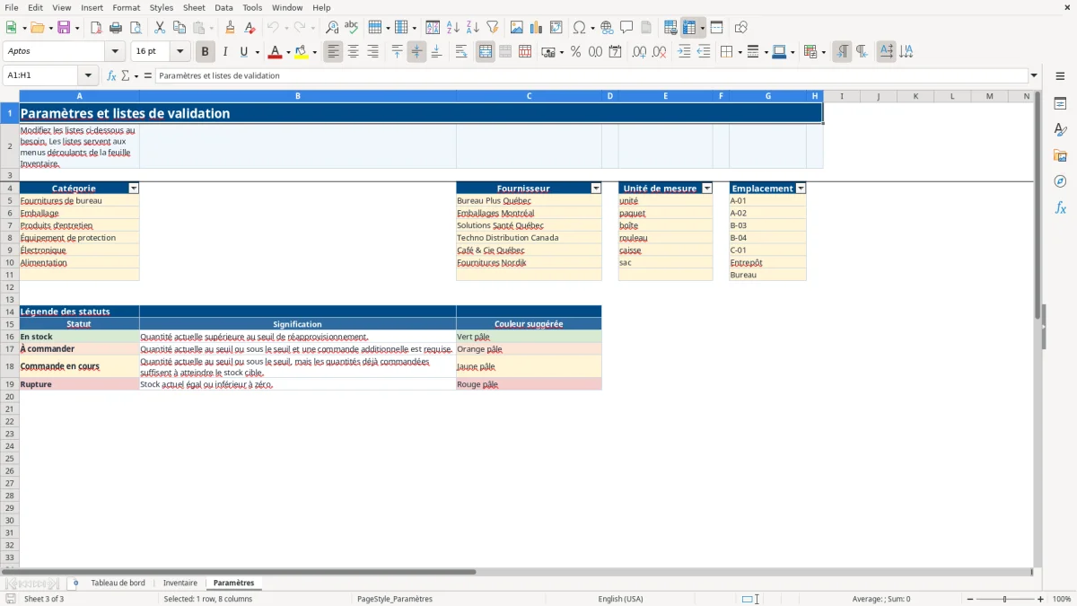 Capture 3 : feuille Paramètres — modèle Excel inventaire avec seuil de réapprovisionnement