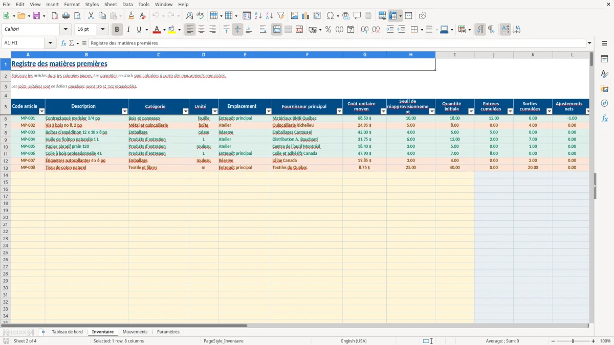 Capture 2 : feuille Inventaire — modèle Excel inventaire matières premières