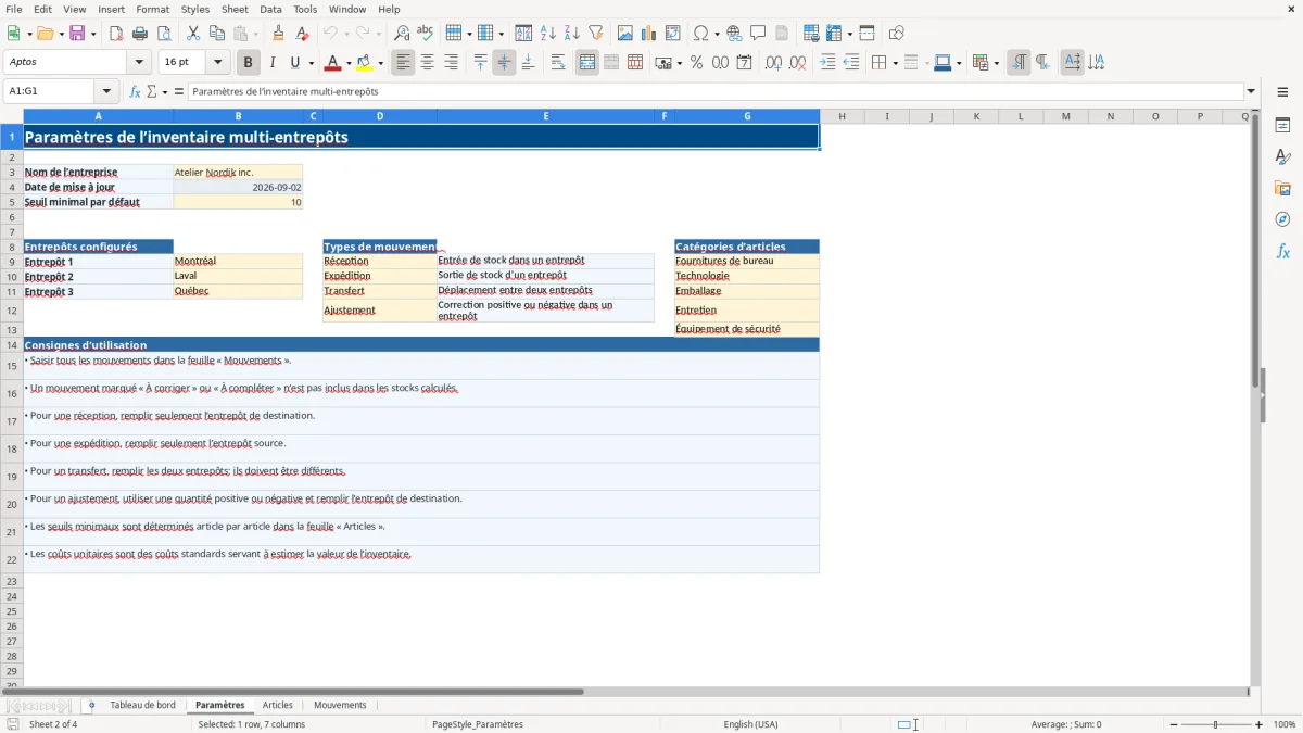 Capture 2 : feuille Paramètres — modèle Excel inventaire multi-entrepôts