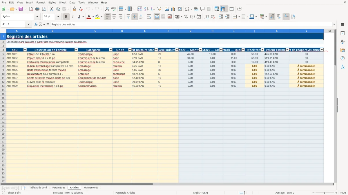 Capture 3 : feuille Articles — modèle Excel inventaire multi-entrepôts