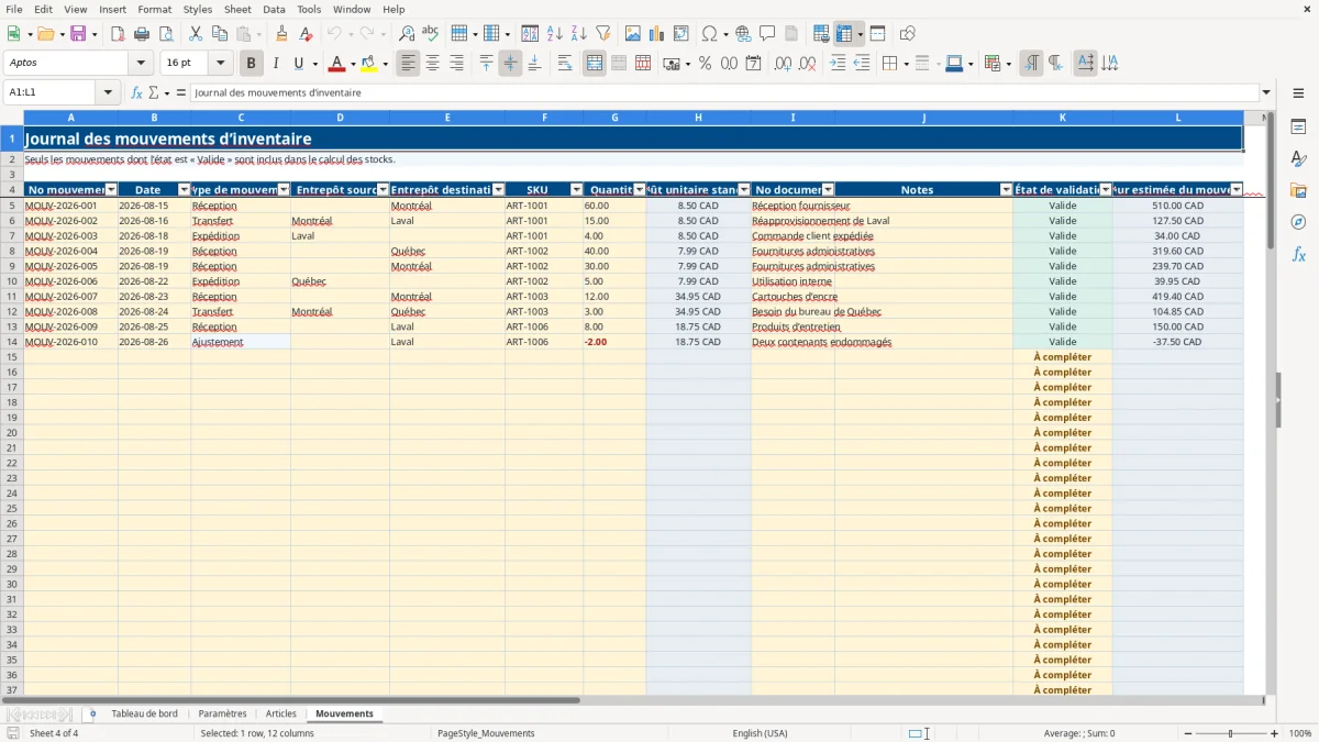 Capture 4 : feuille Mouvements — modèle Excel inventaire multi-entrepôts