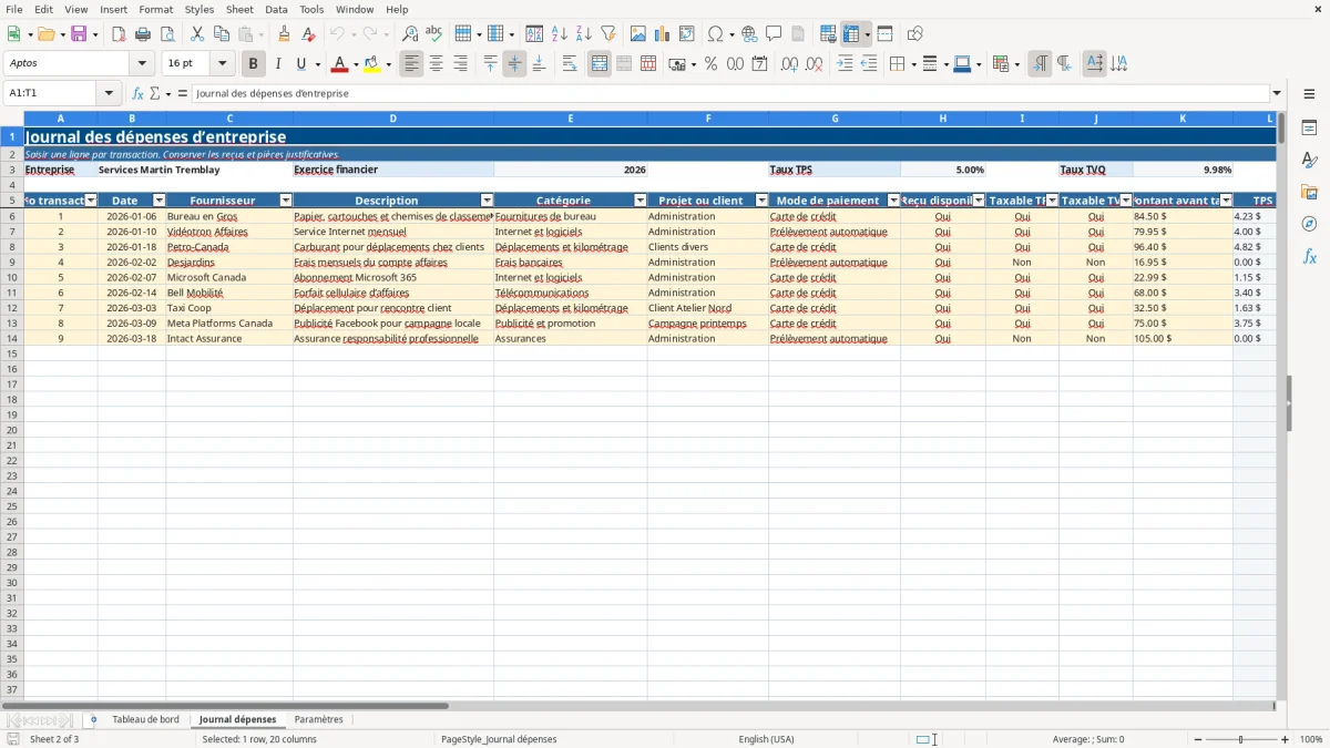 Capture 2 : feuille Journal dépenses — modèle Excel journal dépenses travailleur autonome Québec