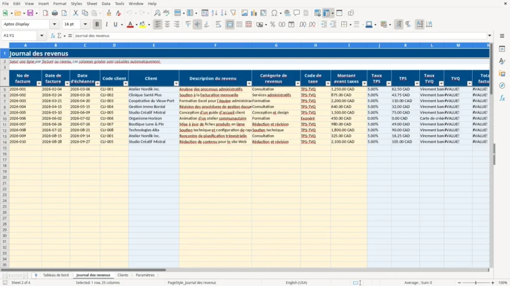 Aperçu de la feuille Journal des revenus du modèle Journal des revenus travailleur autonome Québec : Modèle Excel Gratuit 2026
