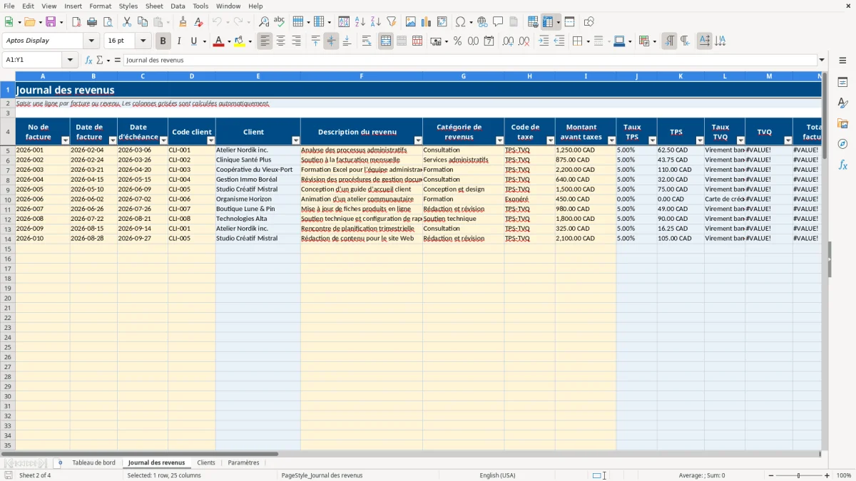 Capture 2 : feuille Journal des revenus — modèle Excel journal revenus travailleur autonome Québec