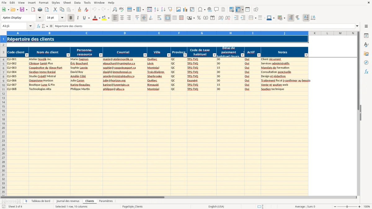 Capture 3 : feuille Clients — modèle Excel journal revenus travailleur autonome Québec
