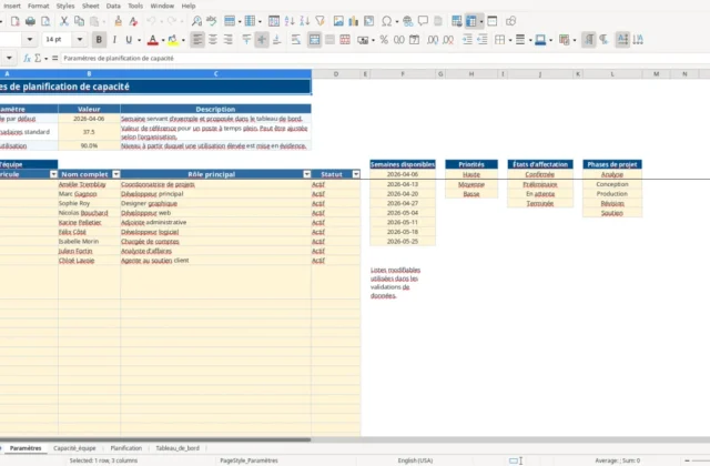 Capture 1 : feuille Paramètres — modèle Excel planification capacité équipe