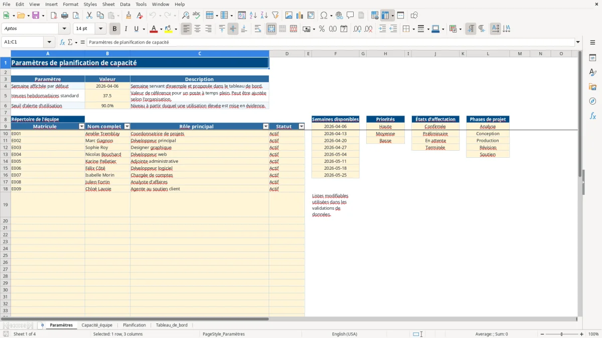 Capture 1 : feuille Paramètres — modèle Excel planification capacité équipe