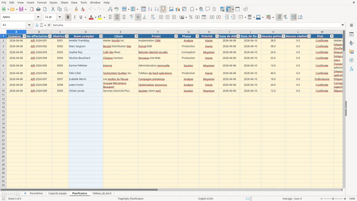 Capture 3 : feuille Planification — modèle Excel planification capacité équipe