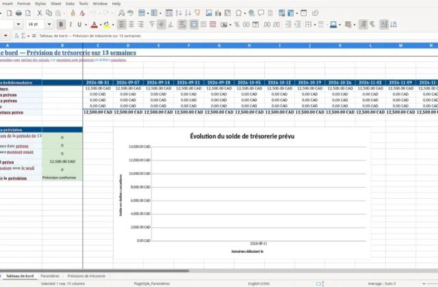 Capture 1 : feuille Tableau de bord — modèle Excel prévision trésorerie 13 semaines PME