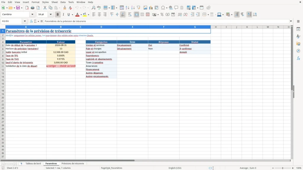 Aperçu de la feuille Paramètres du modèle Prévision de trésorerie 13 semaines PME : Modèle Excel Gratuit 2026