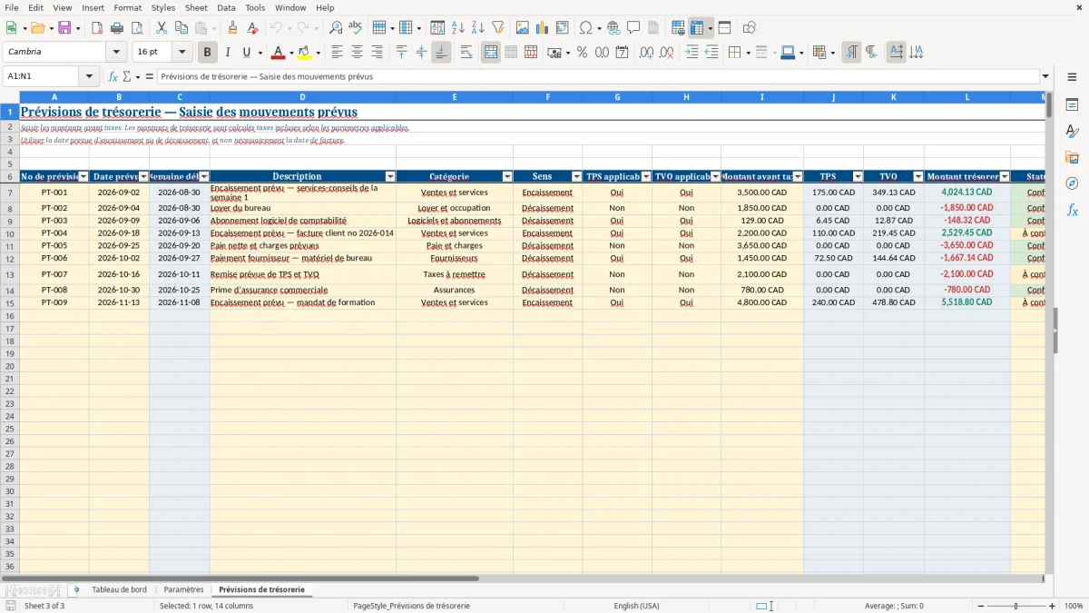 Capture 3 : feuille Prévisions de trésorerie — modèle Excel prévision trésorerie 13 semaines PME
