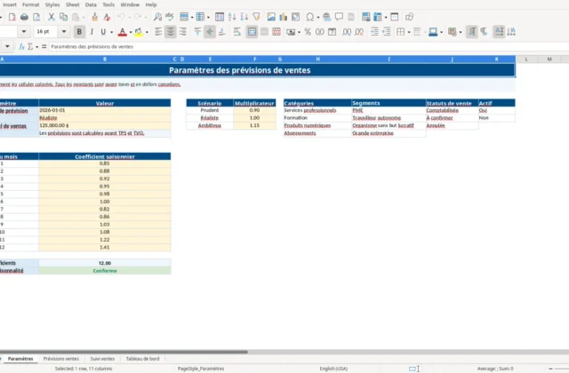 Capture 1 : feuille Paramètres — modèle Excel prévisions de ventes 12 mois