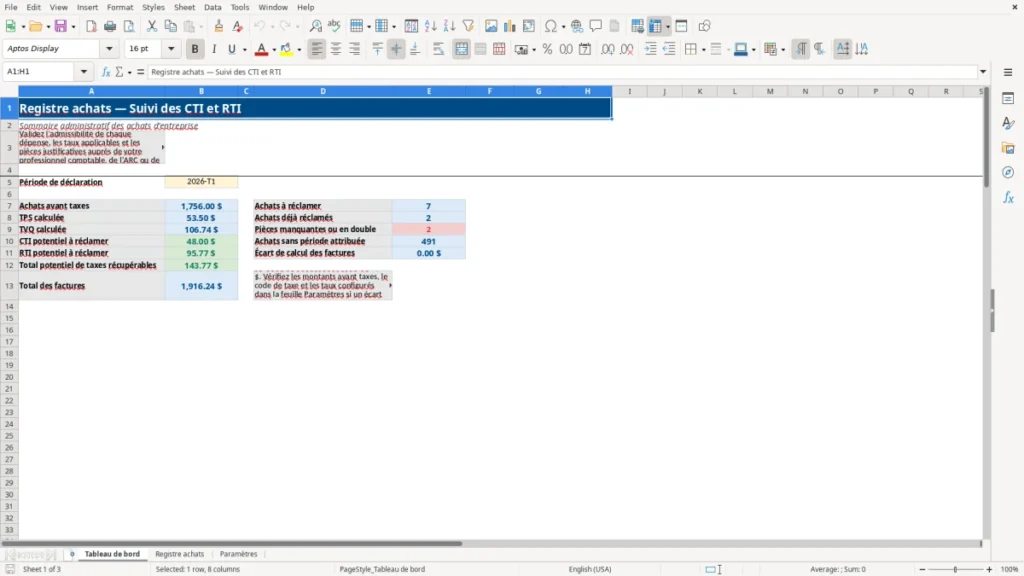 Aperçu de la feuille Tableau de bord du modèle Registre achats CTI RTI Québec : Modèle Excel Gratuit 2026