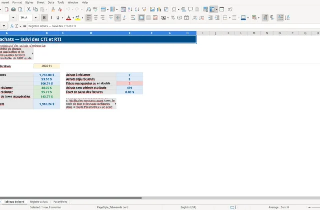 Capture 1 : feuille Tableau de bord — modèle Excel registre achats CTI RTI Québec