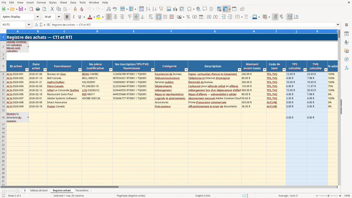 Capture 2 : feuille Registre achats — modèle Excel registre achats CTI RTI Québec