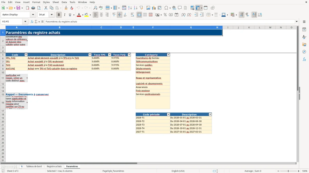 Capture 3 : feuille Paramètres — modèle Excel registre achats CTI RTI Québec