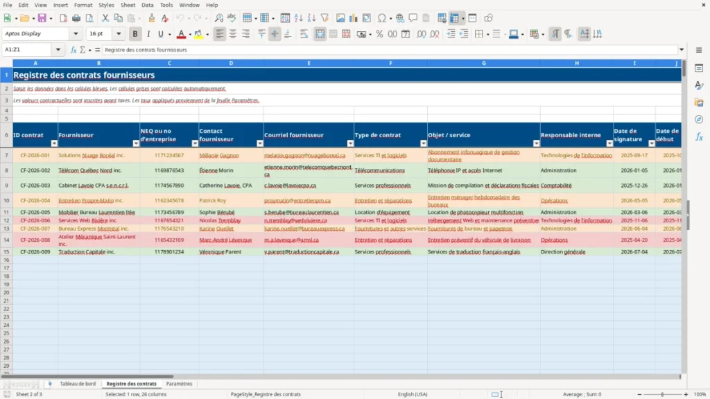 Aperçu de la feuille Registre des contrats du modèle Registre contrats fournisseurs PME Québec : Modèle Excel Gratuit 2026