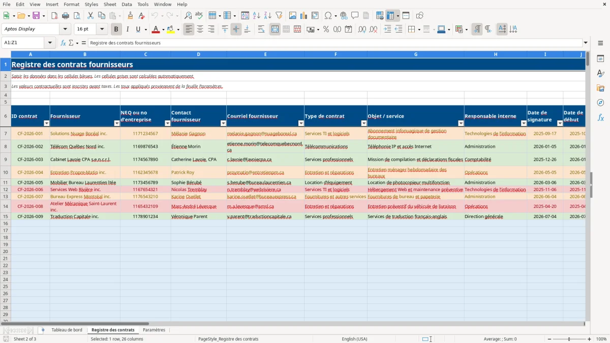 Capture 2 : feuille Registre des contrats — modèle Excel registre contrats fournisseurs PME