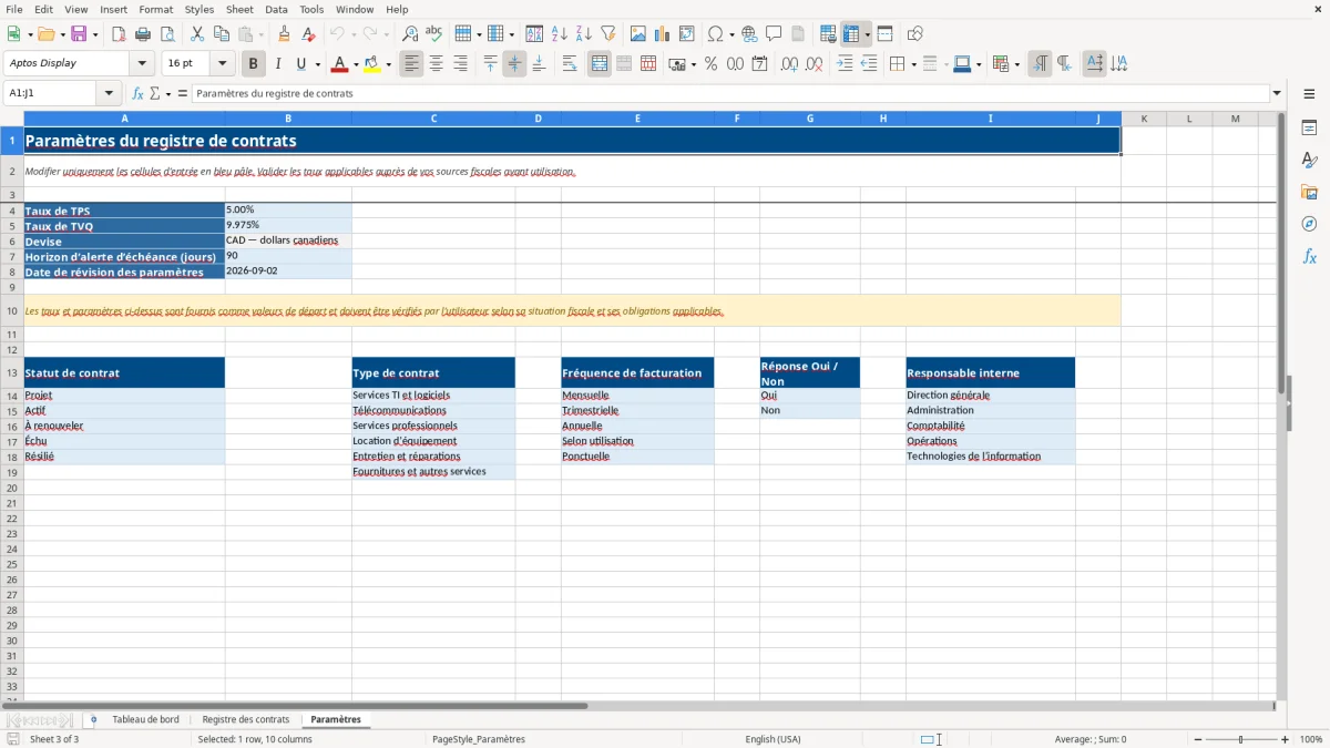 Capture 3 : feuille Paramètres — modèle Excel registre contrats fournisseurs PME