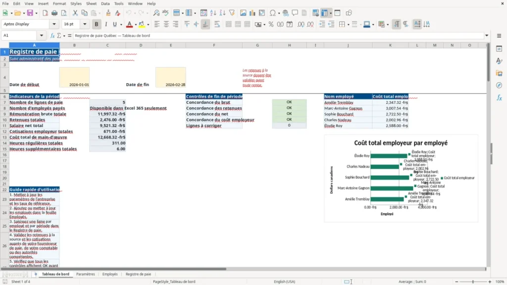 Aperçu de la feuille Tableau de bord du modèle Registre de paie Québec : Modèle Excel Gratuit 2026