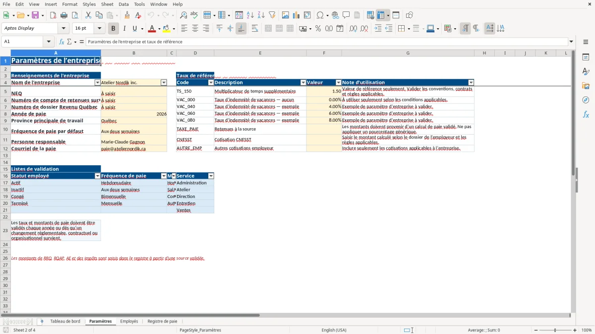 Capture 2 : feuille Paramètres — modèle Excel registre de paie Québec