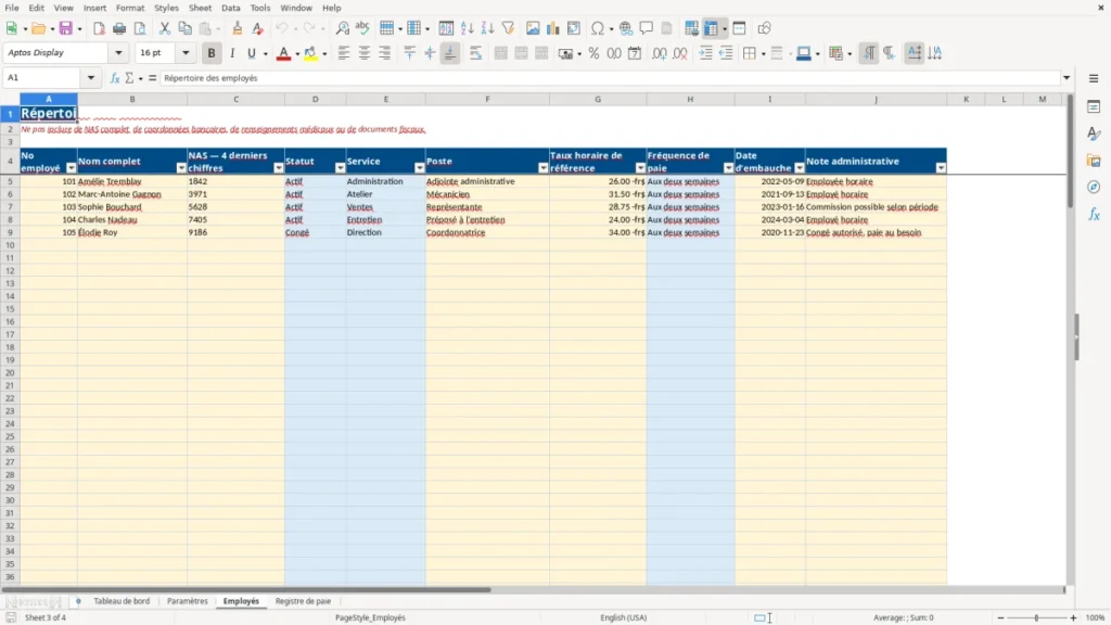Aperçu de la feuille Employés du modèle Registre de paie Québec : Modèle Excel Gratuit 2026