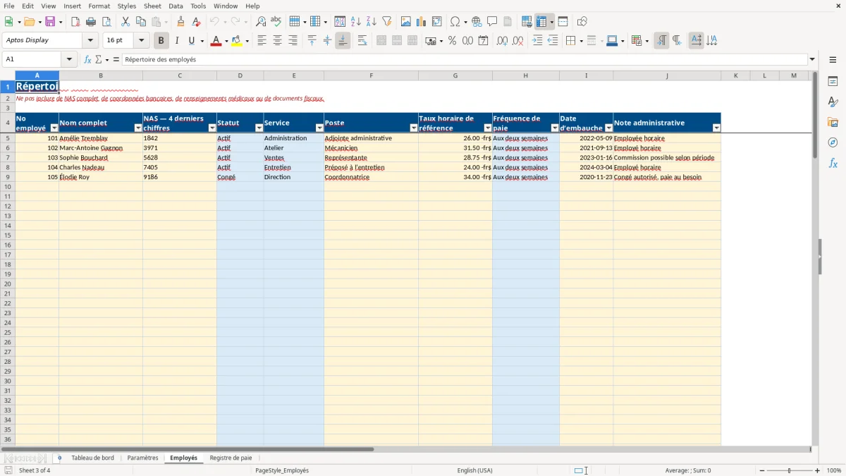 Capture 3 : feuille Employés — modèle Excel registre de paie Québec