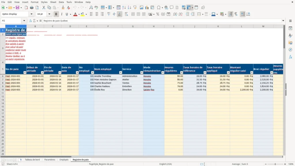 Aperçu de la feuille Registre de paie du modèle Registre de paie Québec : Modèle Excel Gratuit 2026