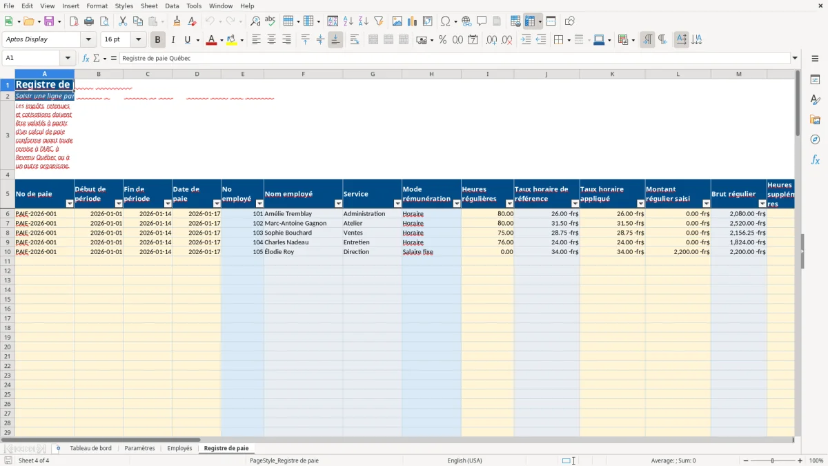 Capture 4 : feuille Registre de paie — modèle Excel registre de paie Québec