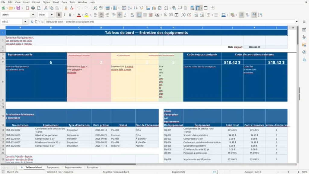 Aperçu de la feuille Tableau de bord du modèle Registre entretien des équipements : Modèle Excel Gratuit 2026