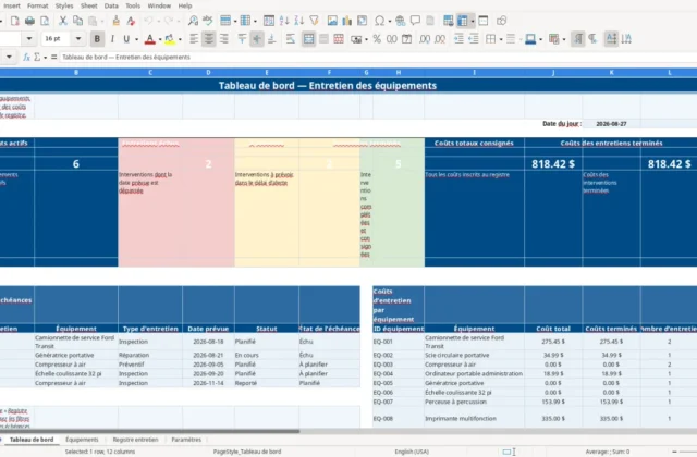 Capture 1 : feuille Tableau de bord — modèle Excel registre entretien des équipements