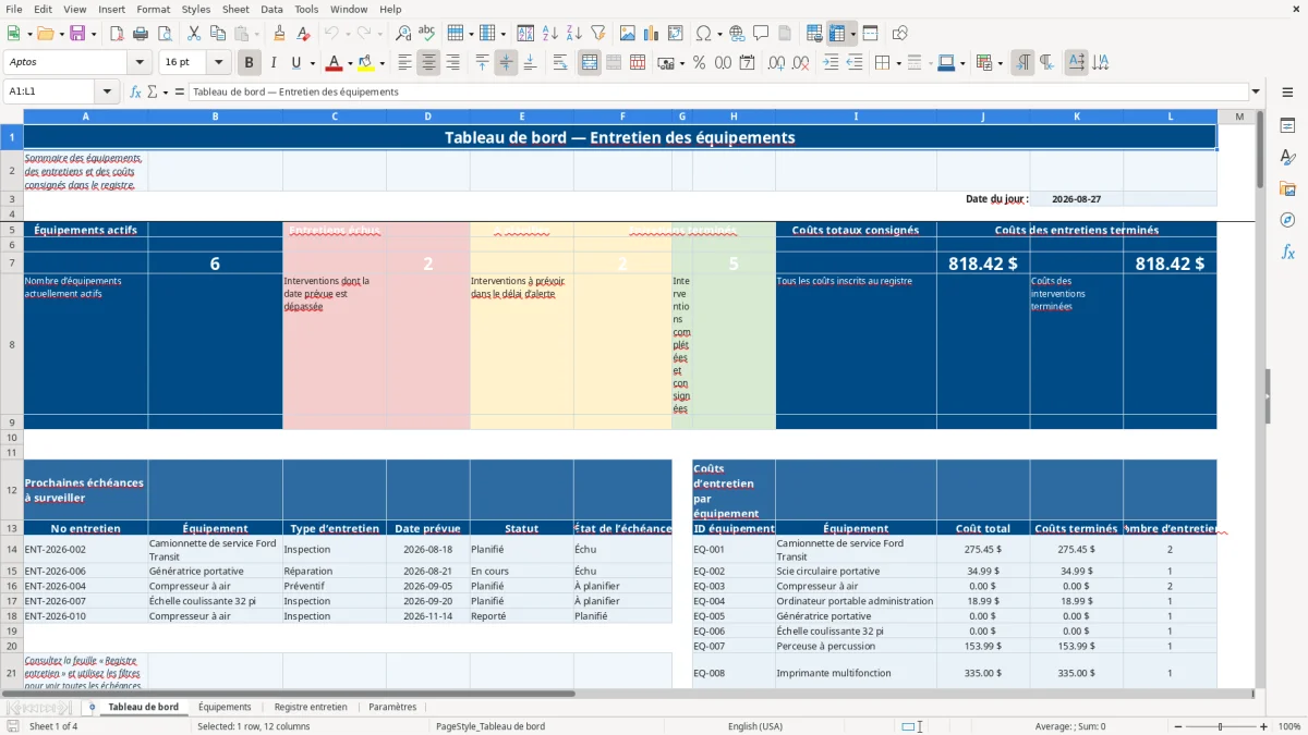 Capture 1 : feuille Tableau de bord — modèle Excel registre entretien des équipements