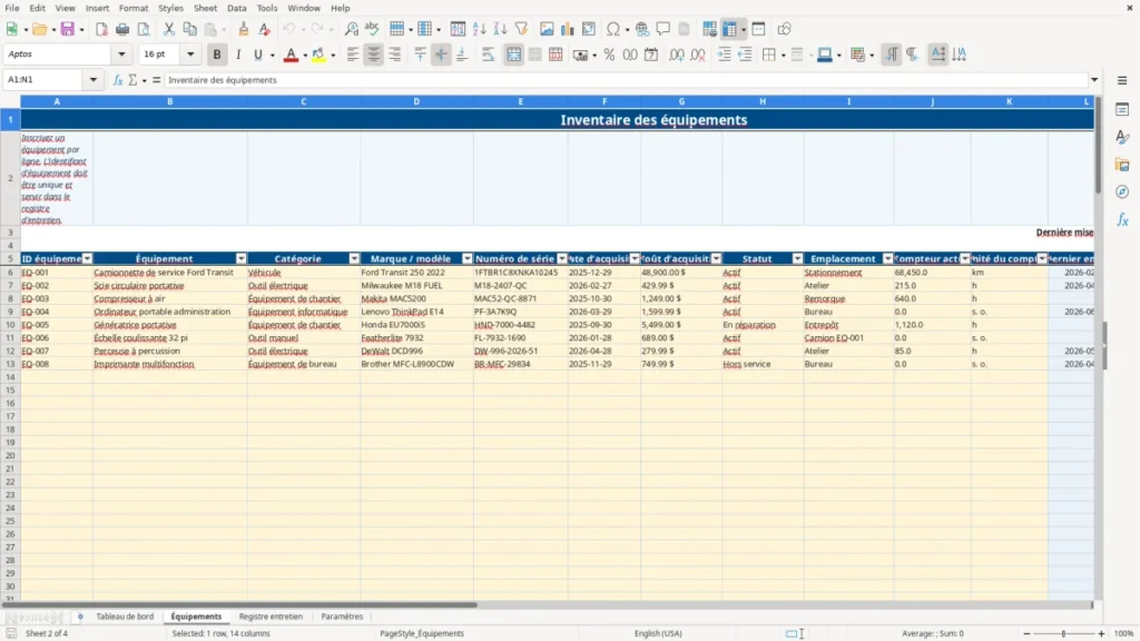 Aperçu de la feuille Équipements du modèle Registre entretien des équipements : Modèle Excel Gratuit 2026